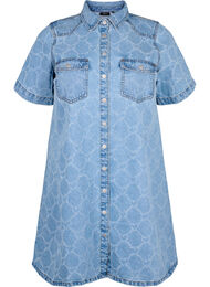 Denimkjole med slitt mønster og korte ermer, Blue Denim