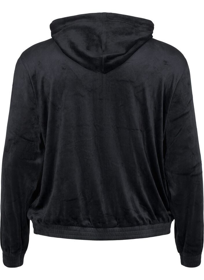 Velour cardigan med hette, Black, Packshot image number 1