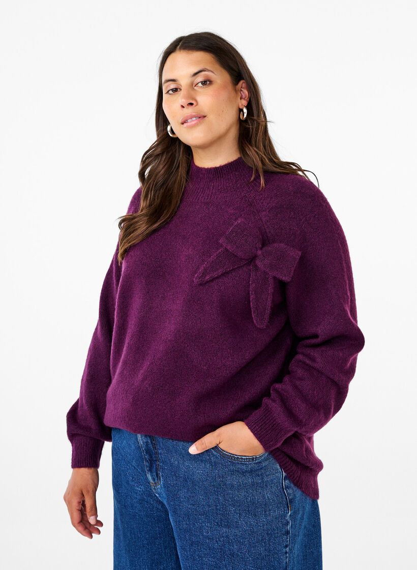 Strikket bluse med sløyfedetaljer, Potent P. Black Mel., Model image number 0