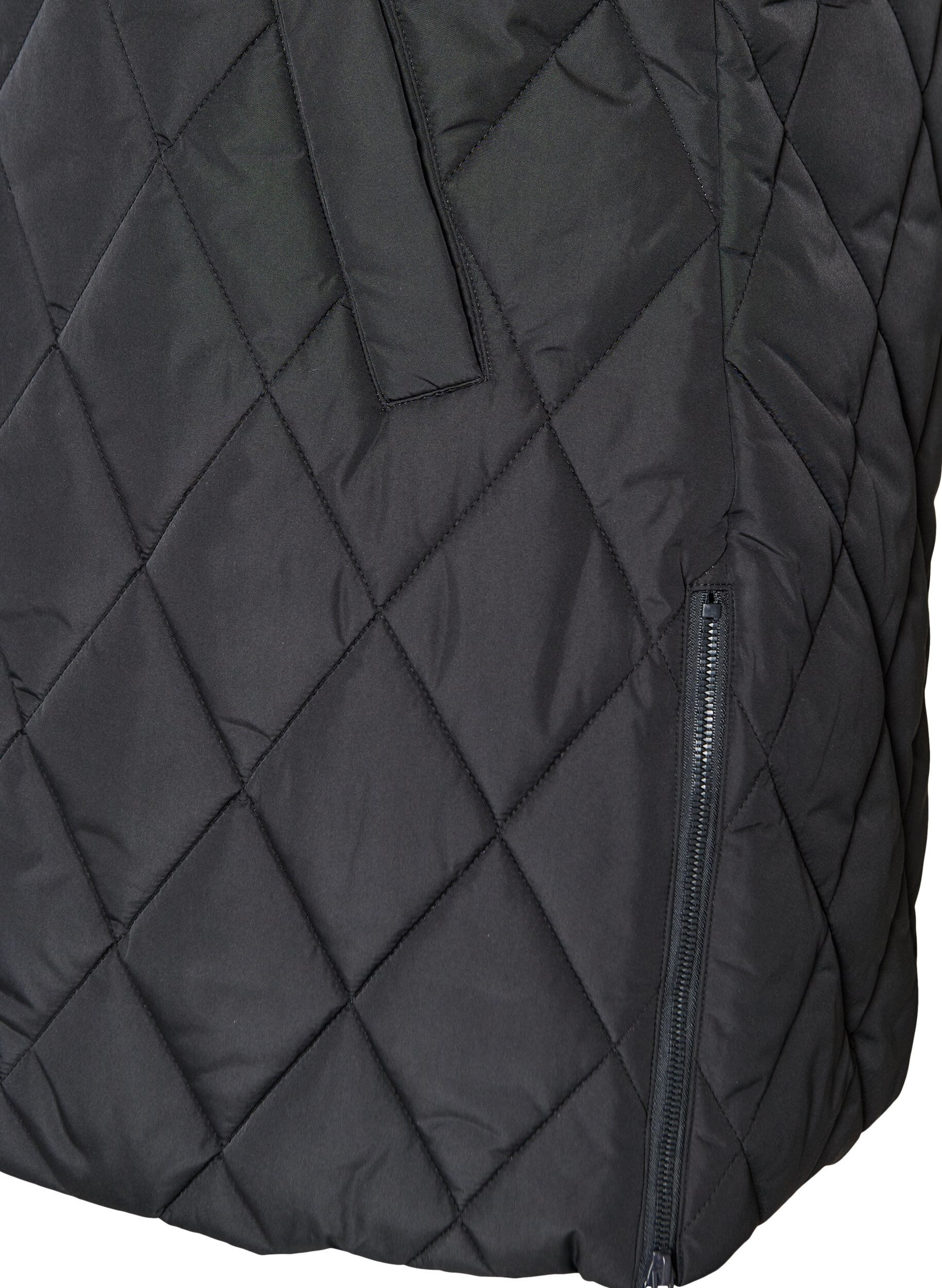ZizziMellomlang quiltet vest med hette, Svart, Packshot image number 3