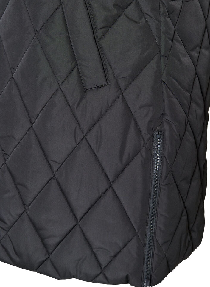 Mellomlang quiltet vest med hette, Svart, Packshot image number 3