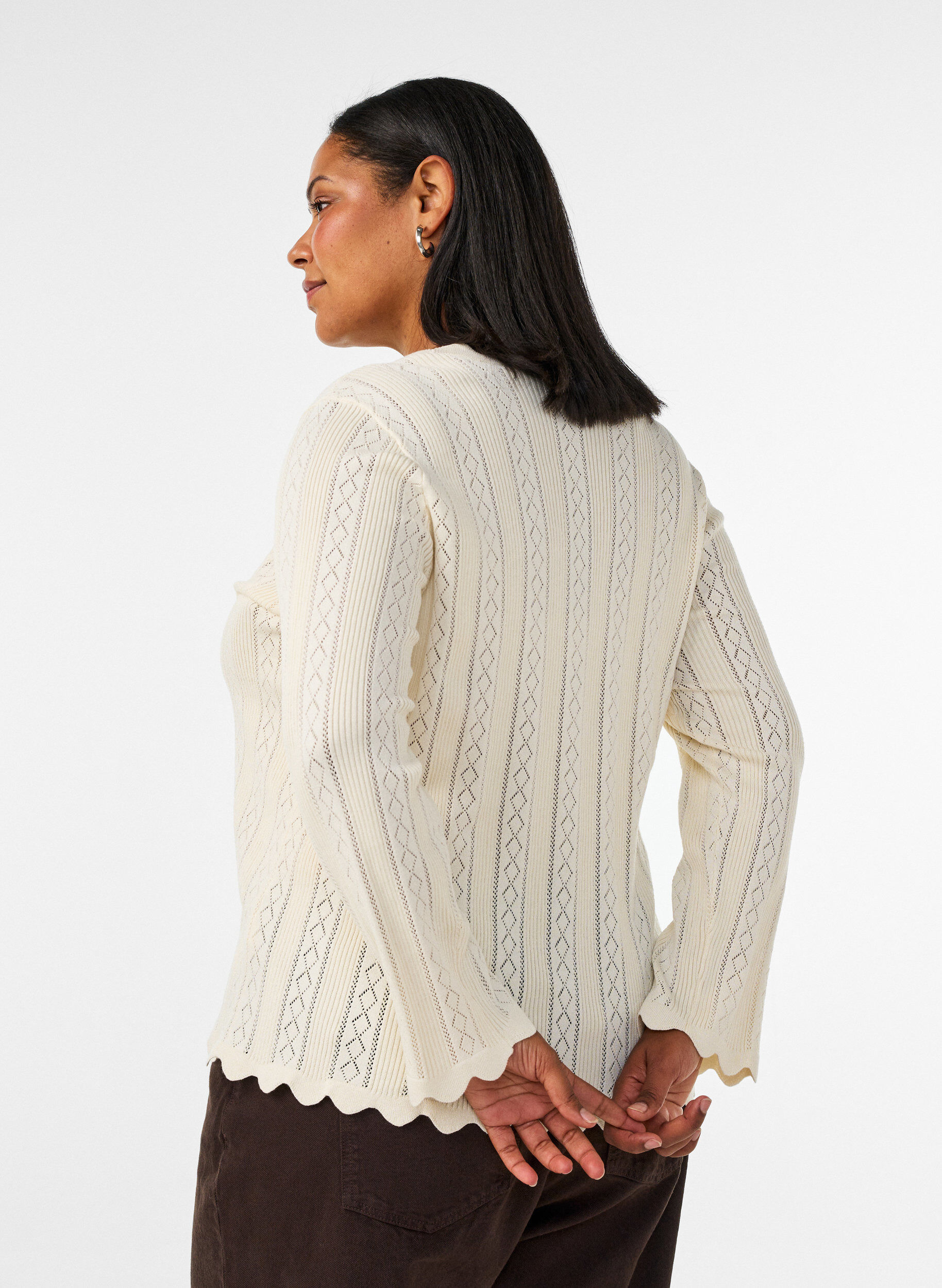 ZizziCardigan with eyelet embroidery and wavy edges, Vanilla, Model image number 2