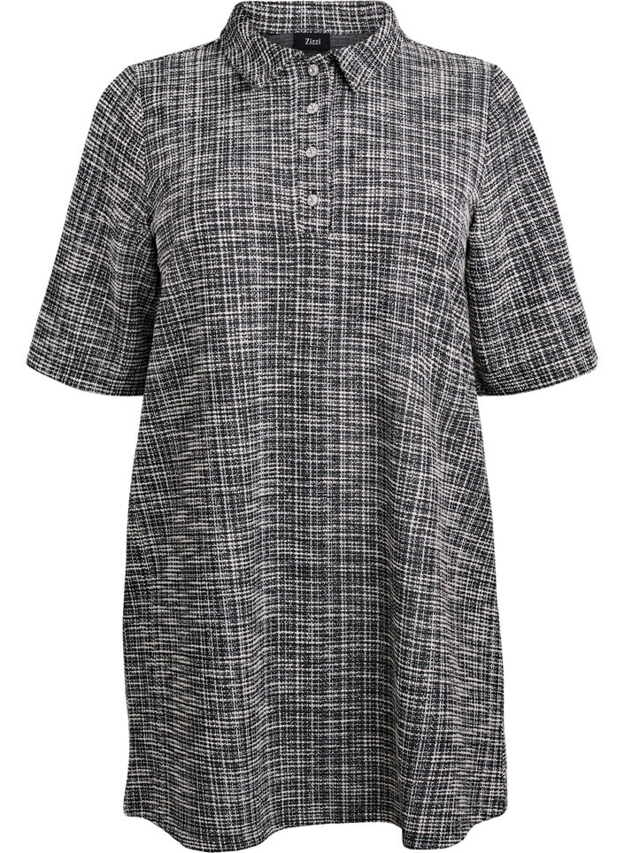 Kort kjole i teksturert jersey med et grafisk sjakkm&oslash;nster, Vanilje, Packshot image number 0