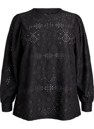 Langermet bluse med hullbroderi, Svart