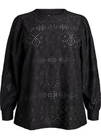 Langermet bluse med hullbroderi, Svart Langermet bluse med hullbroderi