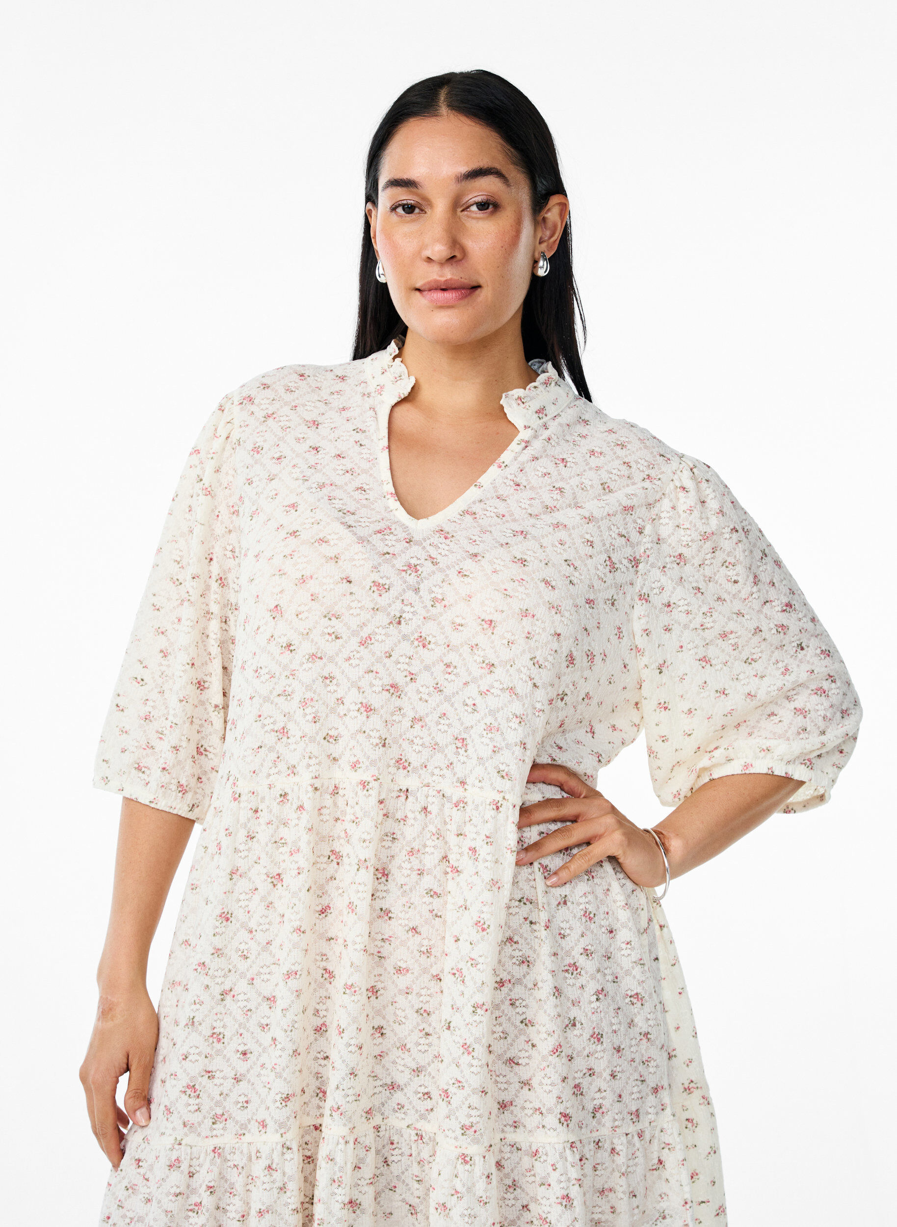 Zizzi Kort A-formet kjole med 1/2 ermer, Hvit, Model image number 2