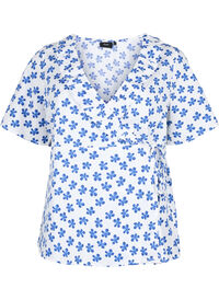 Omslagsbluse i bomull med blomstertrykk, B.White/Small Flower Omslagsbluse i bomull med blomstertrykk