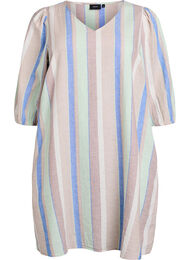 Kort kjole i lin og viskose med 3/4 ermer, Stripe Bristol Blue