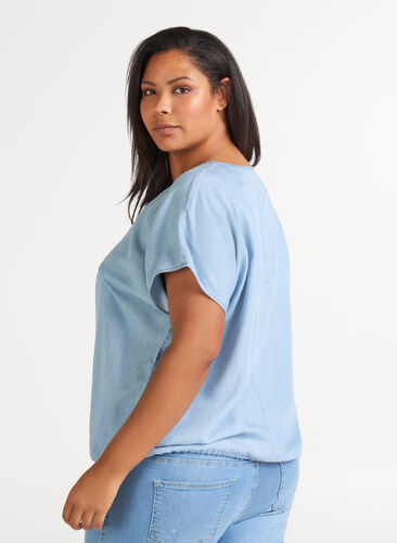 Bluse med korte ermer, Light blue denim, Model image number 1