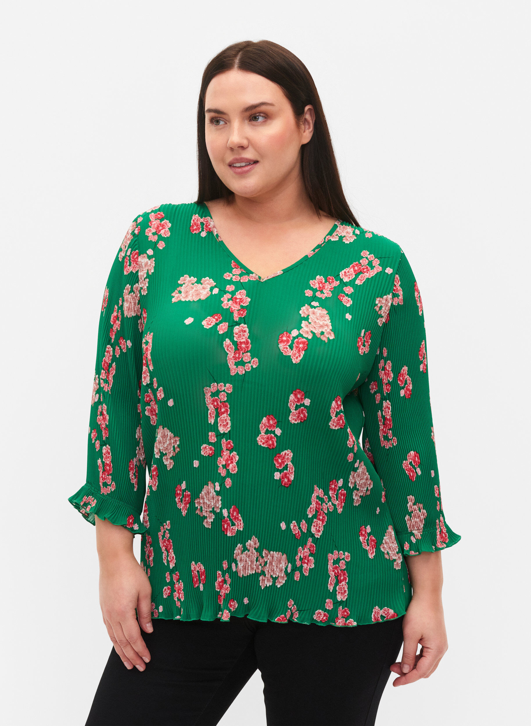 Zizzi Bluse med pliss&eacute; og 3/4-ermer, Jolly Green Flower, Model image number 0