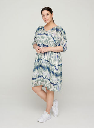 Mønstrete kjole med puffermer og V-hals, Chinois Green AOP, Model image number 3