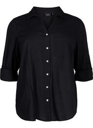 Skjortebluse med knappelukking i bomull-lin-blanding, Black