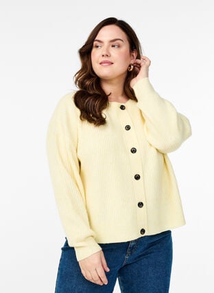 Zizzi Ribbestrikket cardigan med knapper, Gul, Model image number 0