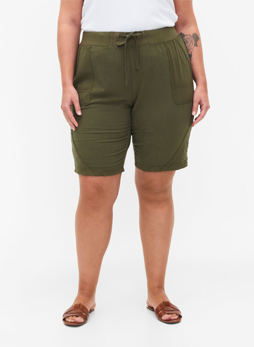 L&oslash;s shorts av bomull med lommer, Gr&oslash;nn, Model image number 4