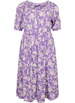 Blomstrete off-shoulder midi kjole i viskose, Purple Flower AOP, Packshot image number 0