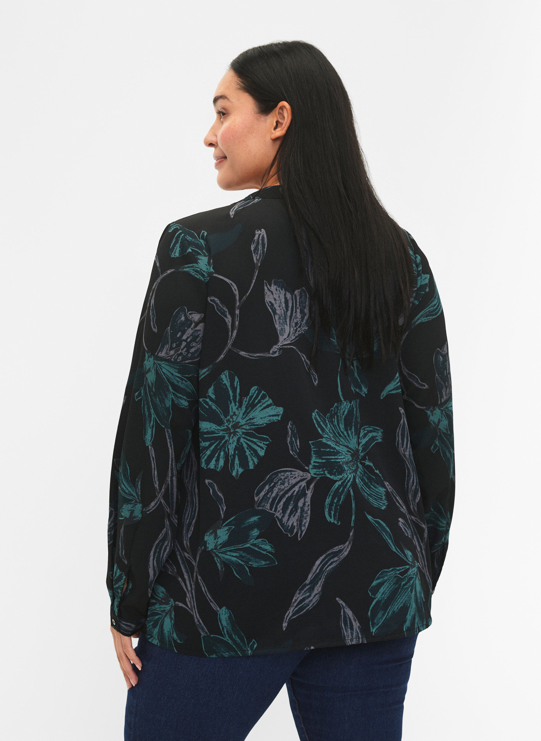 Zizzi FLASH - bluse med lange ermer og trykk, Black Scarab Flower, Model image number 1