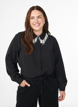 Zizzi Viskose tunika med perlebrodert krage, Black, Model image number 0