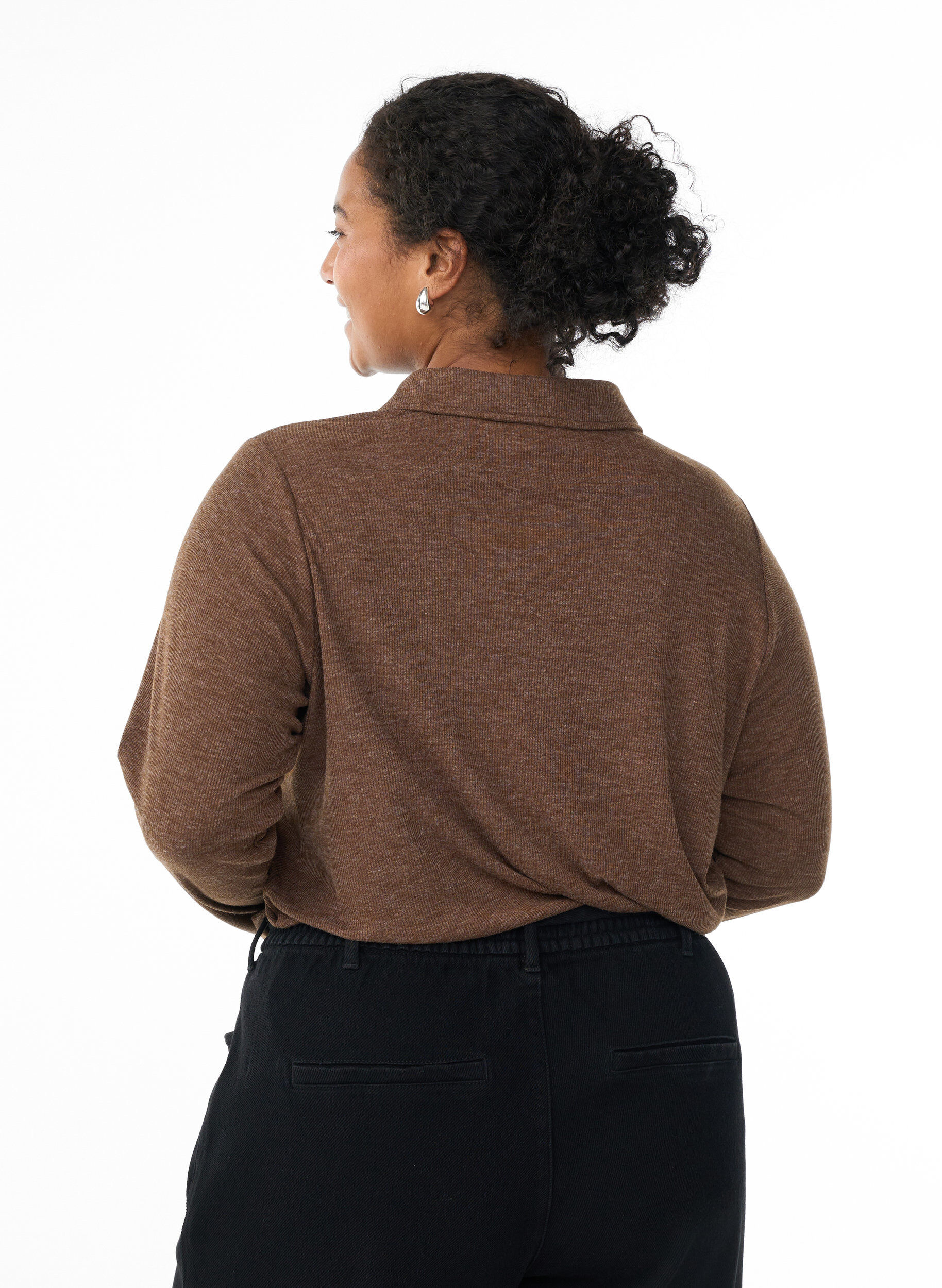 Zizzi Langermet poloskjorte i elastisk, ribbet kvalitet, Brun, Model image number 2