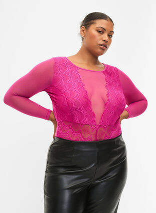 Bodystocking med blondekant og mesh, Fuchsia Red, Model image number 0