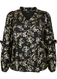 Langermet bluse med volanger og folietrykk, Black Foil AOP