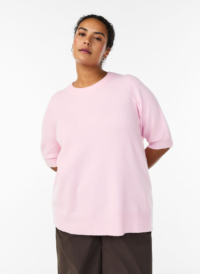 Strikkebluse med korte ermer, Rosa, Model image number 0
