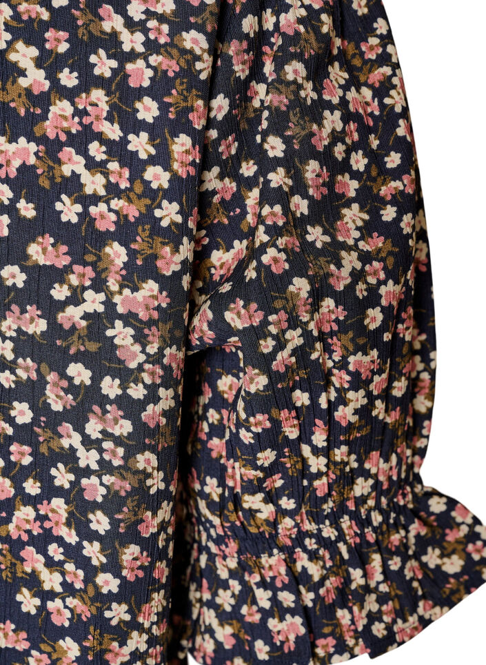 Bluse i blomstrete viskose med korte ermer og smokkdetaljer, Bl&aring;, Packshot image number 3