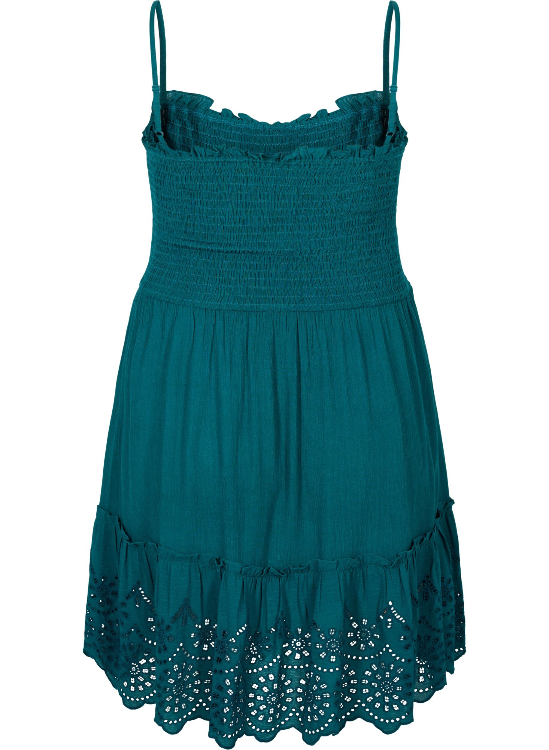 Zizzi Strandkjole i viskose med smock og broderi anglaise, Deep Teal, Packshot image number 1