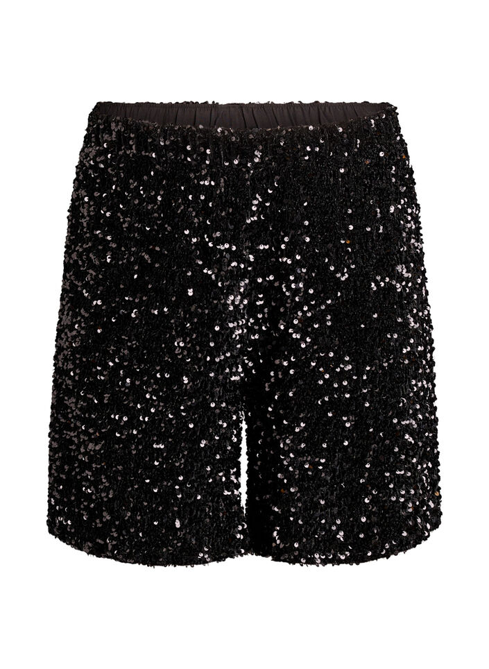 Shorts med høy midje og paljetter, Svart, Packshot