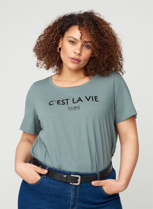 Kortermet T-skjorte i bomull med mønster, Balsam Green PARIS, Model image number 0