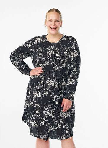 Zizzi Langermet skjortekjole med knytebelte, Svart, Model image number 0