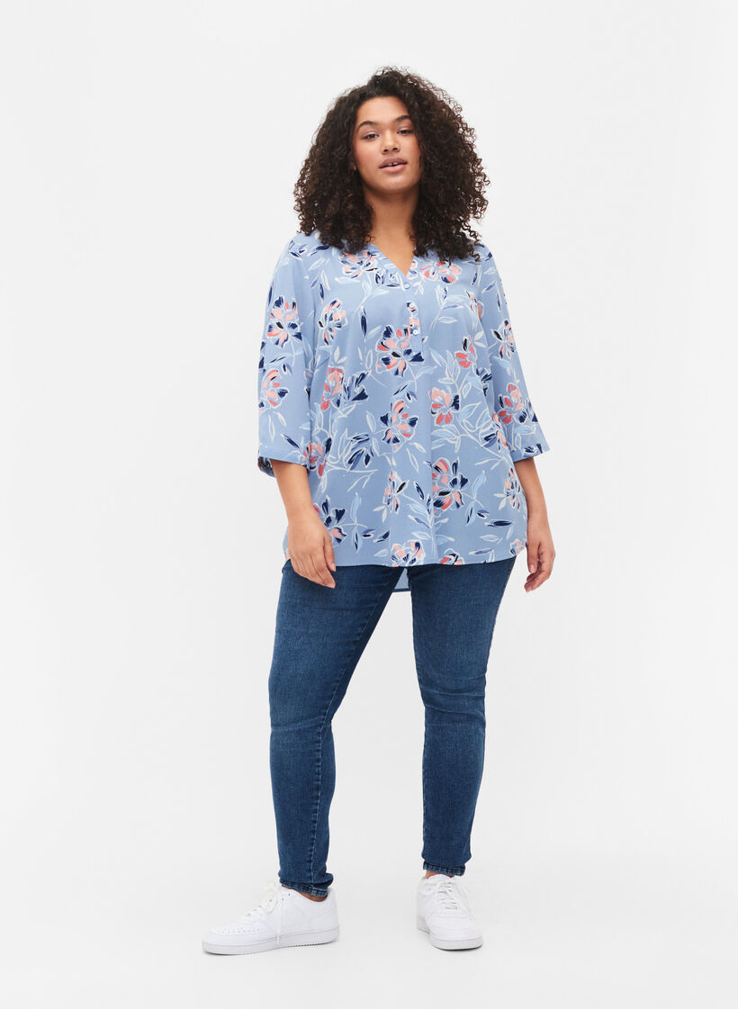 Bluse med print og 3/4 ermer, Outline Flower, Model image number 1
