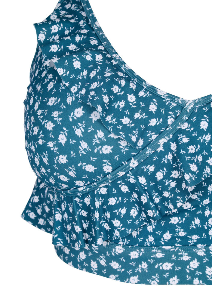 Blomstrete bikinioverdel med volangdetaljer, Blå, Packshot image number 2