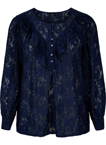 Blondebluse med volangdetalj, Navy, Packshot image number 0