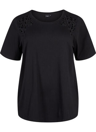 Zizzi T-skjorte i økologisk bomull med broderidetaljer, Black, Packshot image number 0