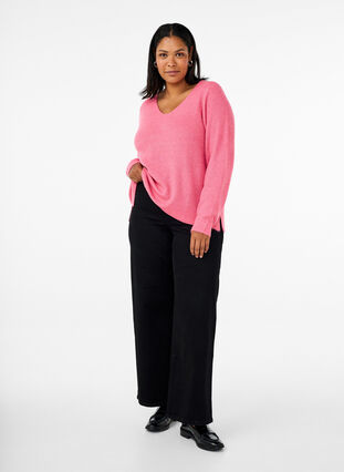 Zizzi Strikket bluse med v-hals og lange ermer, Bubblegum Wh. Mel., Model image number 2