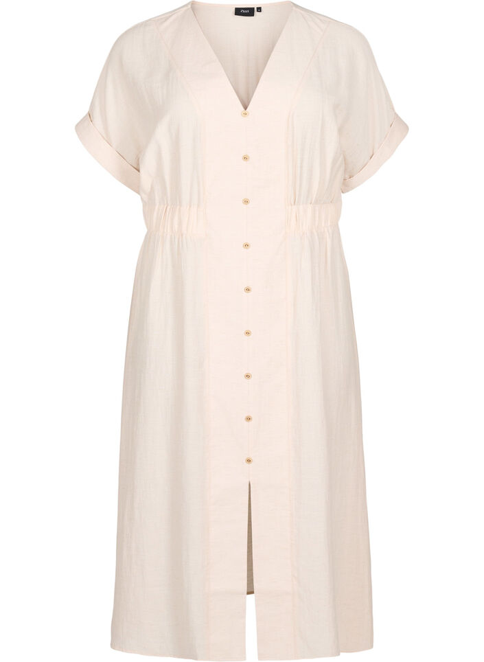 Midikjole i lin og viskose med splitt foran, Beige, Packshot image number 0