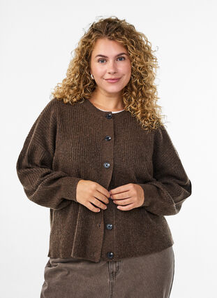 Zizzi Ribbestrikket cardigan med knapper, Brun, Model image number 0