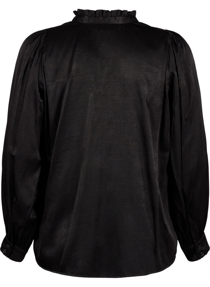 Langermet bluse med volanger og V-hals, Black, Packshot image number 1