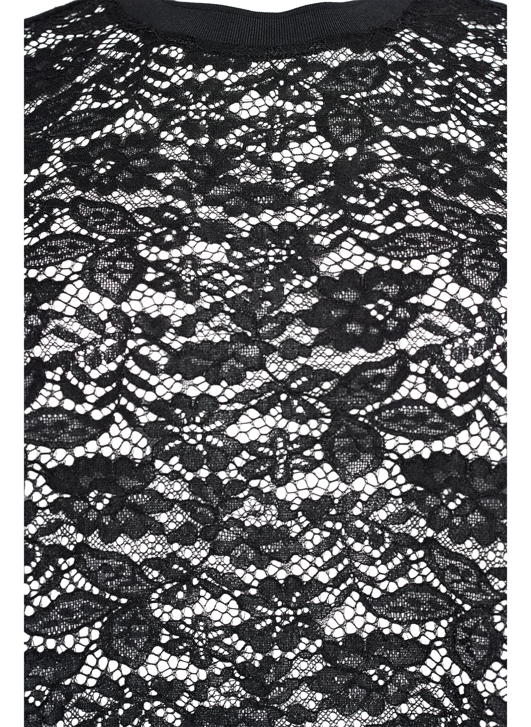 Zizzi Bluse med blonder, korte ermer og rund hals, Svart, Packshot image number 2