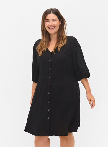 Kjole med knapper og 3/4-ermer , Black, Model image number 0