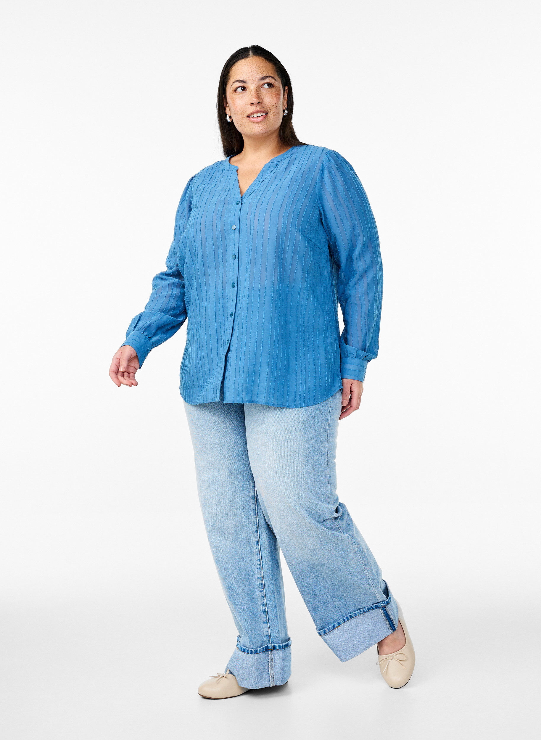 Zizzi Stripete skjortebluse med gjennomsiktige striper, Bl&aring;, Model image number 1