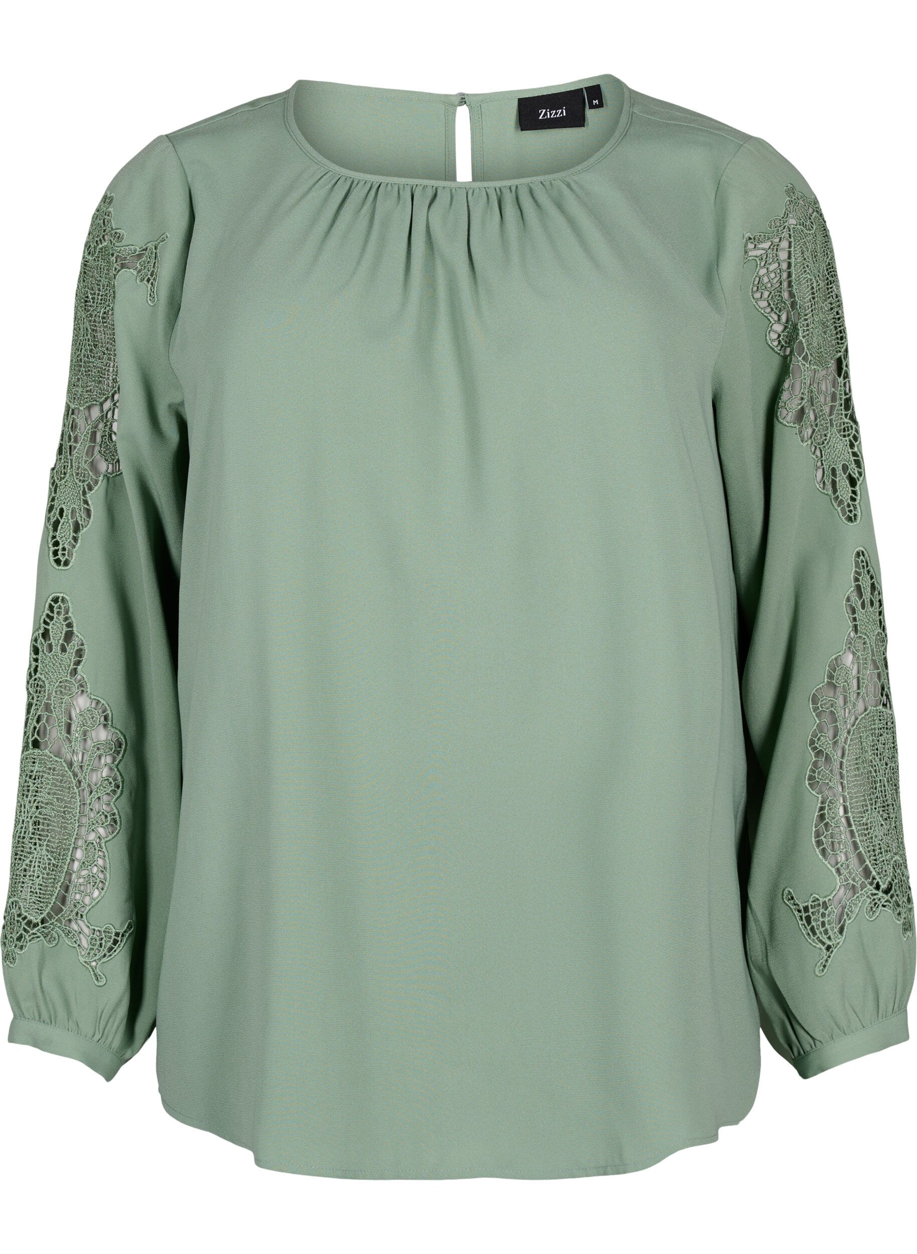 Zizzi Bluse med lange ermer og heklede detaljer, Green Bay, Packshot image number 0