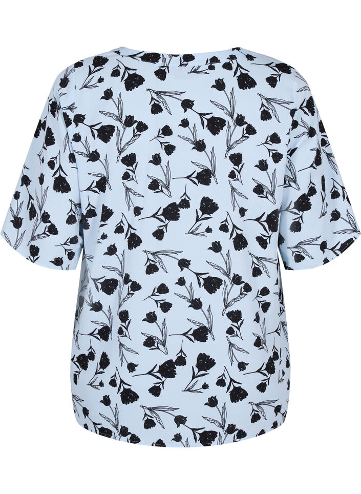 Bluse med V-hals og sløyfetrykk, Cashmere Blue Flower, Packshot image number 1