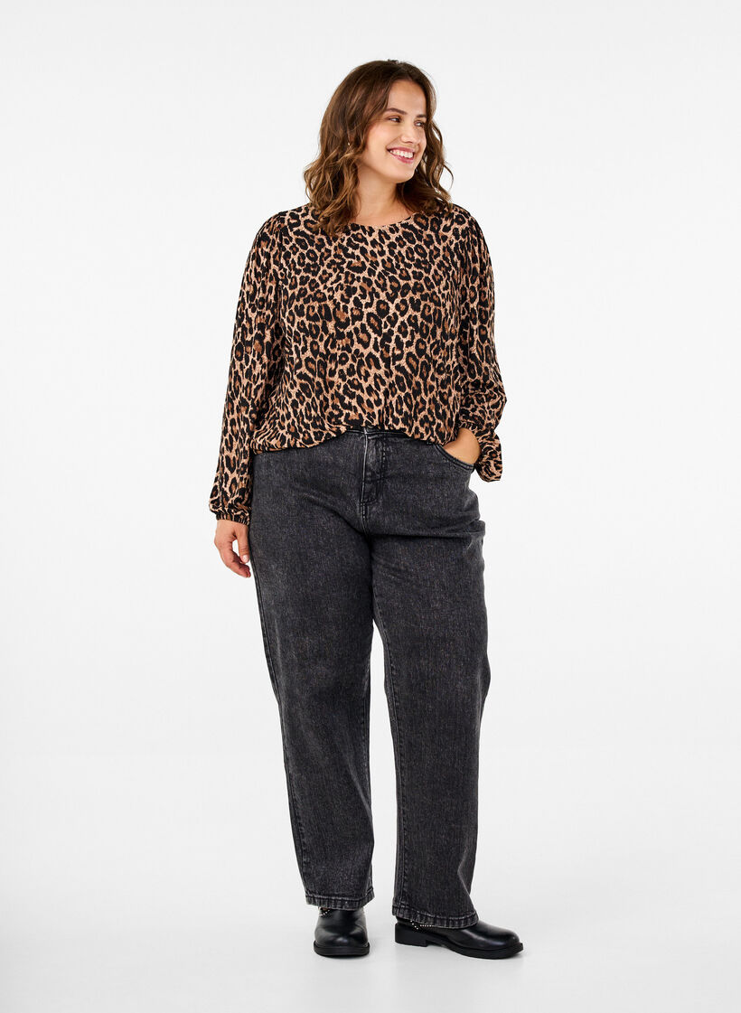 Bluse med lange ermer og leopardm&oslash;nster, Brun, Model image number 1