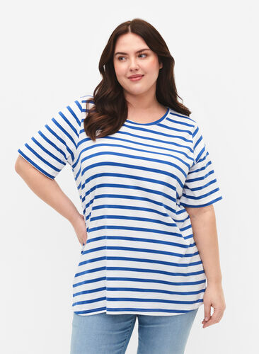 Stripete T-skjorte i bomull, Blue Stripes, Model image number 0