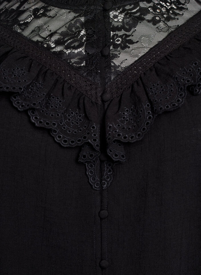 Viskose bluse med blonder og volanger, Black, Packshot