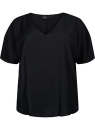 Kortermet viskosebluse med V-hals, Black