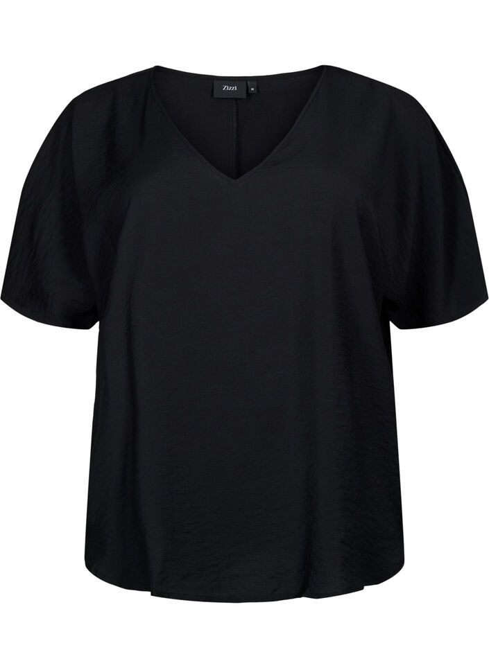 Kortermet viskosebluse med V-hals, Black, Packshot image number 0