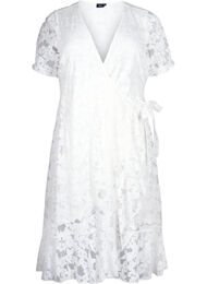 Omslagskjole med blonder og korte ermer, Bright White