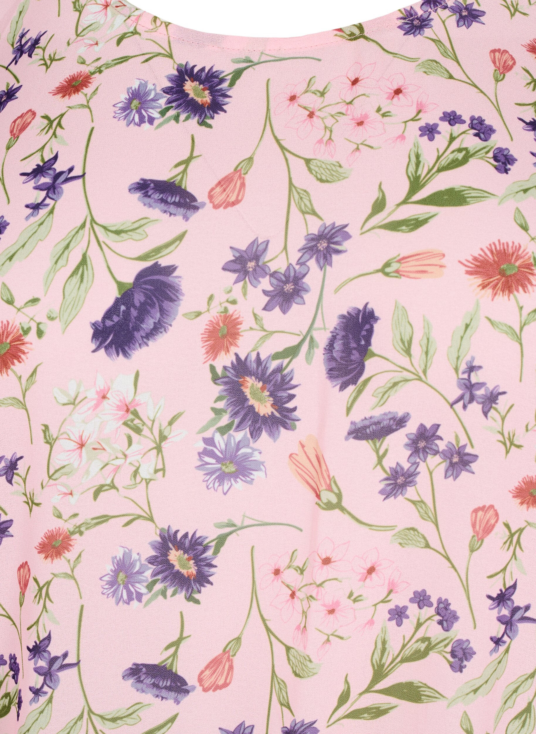 Zizzi Bluse med blomstertrykk, korte ermer og smocking, Rosa, Packshot image number 2